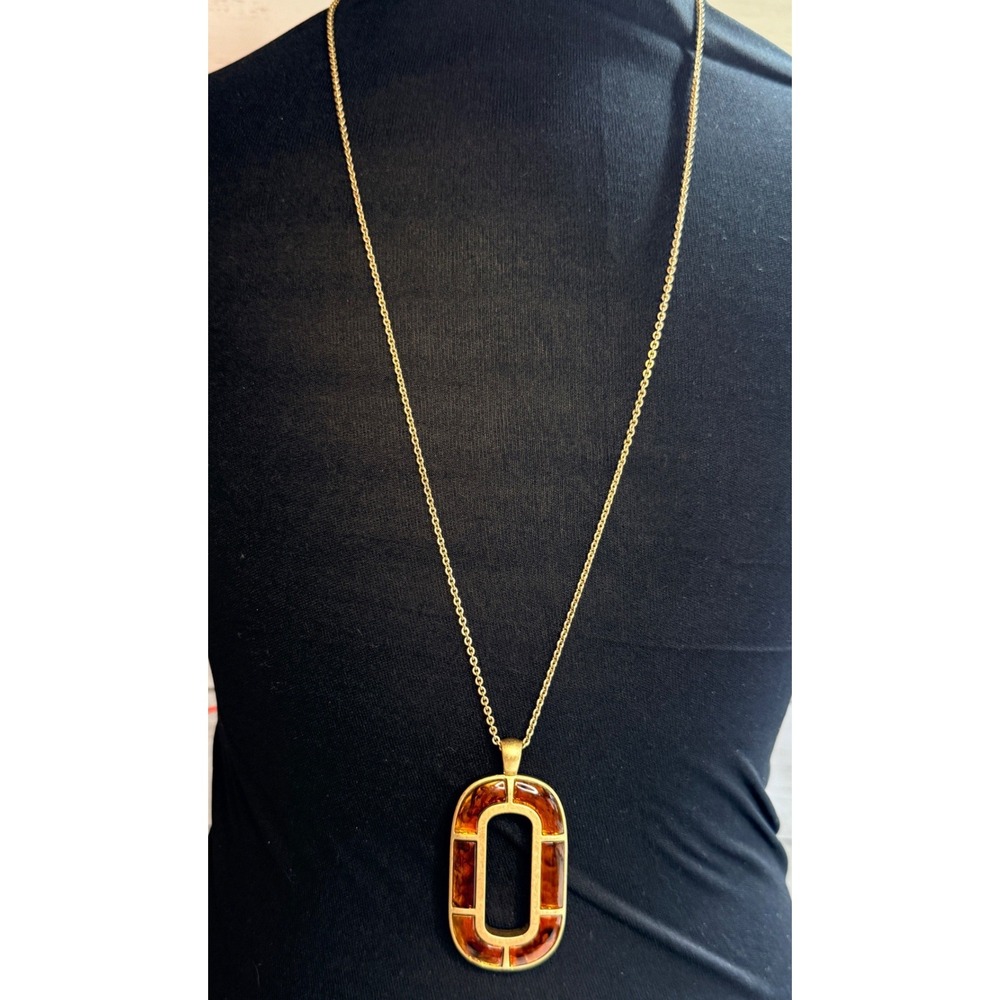 Lia Sophia Gold Tone Tortoise Shell Resin Oval Pendant Long Necklace